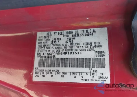 1991 Ford Mustang Lx z USA, uszkodzony, nr VIN 1FACP44M8MF191611